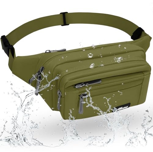 REETEE Sac Banane Homme Imperméable Sacoche Banane avec 5 Poches et Sangle Réglable, Grande Capacité Sac Banane pour Homme Femme Voyage Randonnée Pochette Ceinture (A-Vert)
