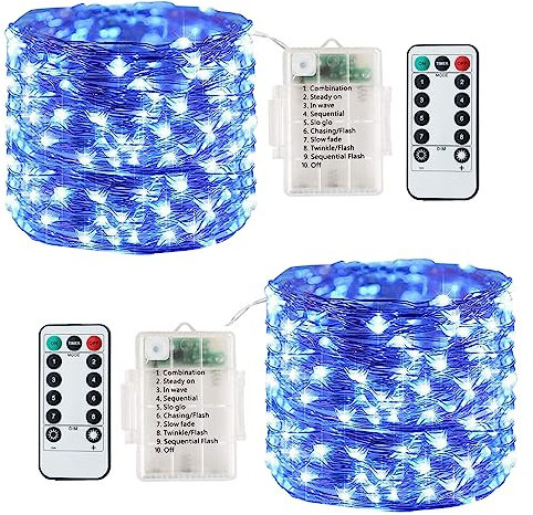 Fairy Lights Battery Operated, 2 Pack 40Ft 12M 120LED Copper Wire String Lights,Battery Fairy Lights with 8 Modes Waterproof for Indoor /outdoor Bedroom Wedding Party Christmas Tree Decoration(Blue)