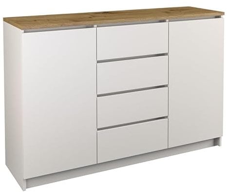 roe furniture Kommode mit 4 Schubladen & 2 Schränke - Modern Schubladenschrank - Komodenschrank - Schubladenkommode 120 cm Breit - Weiß & Artisan