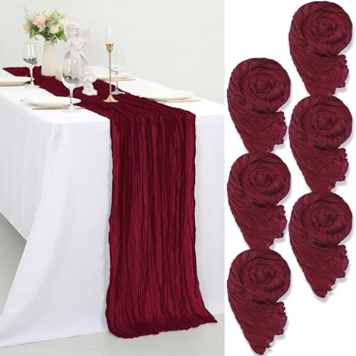 6 Stück Seihtuch Tischläufer Burgunderrot,55x300cm Rustikaler Gaze Stoff Boho Tischläufer Käsetuch Cheesecloth Tischläufer Hochzeit Tischdecke für Hochzeitsfeier Brautparty Tischdekoration