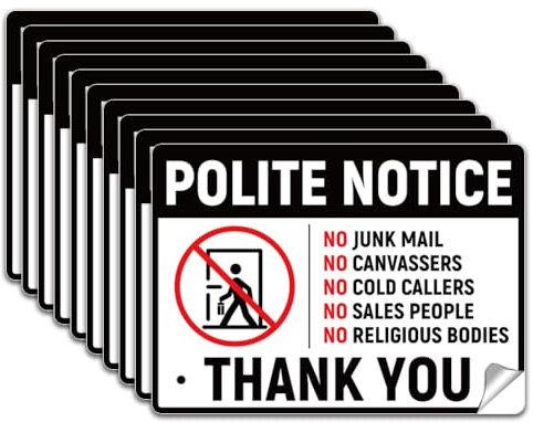 WADORN 10Pcs Polite Notice No Junk Mail Sign Sticker, PVC Waterproof No Cold Callers Warning Sign Stickers Decal for Front Door Letterbox Self Adhesive Safety Sign Labels for Outdoor, 5.1x7.1 Inch