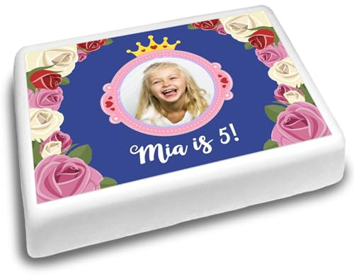 Cakeshop Landschaft Personalisierter Essbarer Kuchenaufleger Mit Goldener Prinzessinnenkrone & Rosen| Personalisieren Sie Bild & Text| Geburtstage & Feiern| Mehrere Formen Größen| Zucker/Oblatenpapier