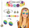 Oerphh 7 Stück 70er Hippie Flower Power Accessoires Hippie Kostüm Set mit Halskette,Ohrringe,Stirnband,Armband,Sonnenbrille,60er 70er Jahre Bekleidung Damen für Disco Party,Cosplay,Halloween,Karneval