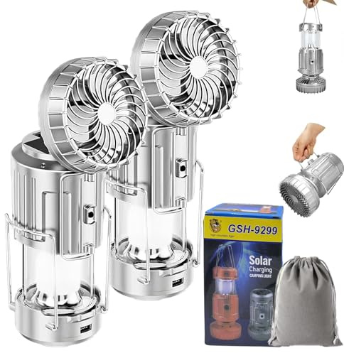 Solar Powered Camping Lantern with Portable Fan, Collapsible LED Tent Light & USB Charger, Rechargeable Survival Gear for Hurricane, Emergency, Power Outage, Outdoor Fishing (Silver +Silver)