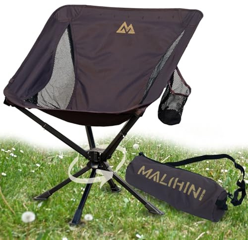 MALIHINI Campingstuhl faltbar [150 kg, 360° Fußgelenk] Kleines Packmaß 36 × 12 cm, leicht & kompakt | Drehbarer Campingstuhl mit Getränkehalter & Tasche | Camping & Outdoor (Braun)
