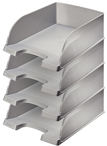 Leitz Briefkorb A4 Jumbo, 4er Pack, Briefablage mit extra großem Fassungsvermögen in Premium-Qualität, Stapelbare Ablagefächer als Schreibtisch-Organizer, Kombinierbar mit Plus-Serie, Silber, 52330084