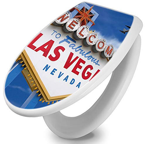 banjado Toilettendeckel mit Absenkautomatik 44,5x37cm / WC Sitz mit Absenkautomatik/Toilettensitz Duroplast mit Edelstahl Scharnieren/Klodeckel mit Absenkautomatik Motiv Las Vegas