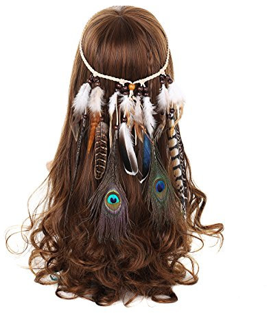Damen Hippie Boho Indianer Stirnband - AWAYTR Feder Stirnbänder für Abendkleider Halloween Karneval(Pfau und Natürlich Fasan Feder Stirnband)