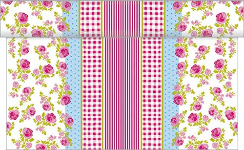 Sovie HOME Tischläufer Mary, Linclass® Airlaid, 40x4,80 m, 1 Stück, alle 30 cm perforiert, Romantisches Design mit Rosen & Karos, Ideal für Hochzeiten, Geburtstage, Jubliäen