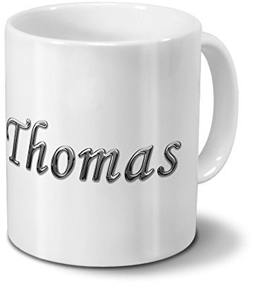 printplanet Tasse mit Namen Thomas - Motiv Chrom-Schriftzug - Namenstasse, Kaffeebecher, Mug, Becher, Kaffeetasse - Farbe Weiß