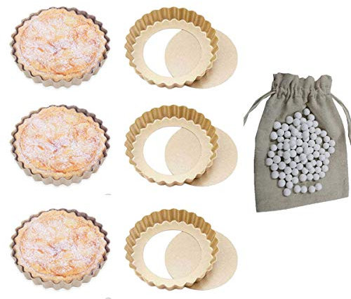 CANDeal 6 Pezzi Rotondo Antiaderente Padella con Fondo Removibile e Sfere da Forno in Ceramica Barattolo da 500g, Mini Tortino per Torta e Stampi per Quiche Pan