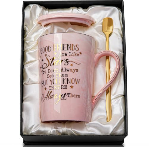 Best Friends, Friendship Gifts for Women Birthday Gifts for Women Birthday Gifts Ideas for Her, Friends Female, Besties, Sister, BFF Ceramic Marble Coffee Mug Gifts Box Printed Gold 14oz Pink