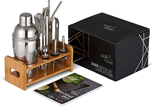 Oak & Steel - 13 Pièces Shaker à Cocktail Professionnel en Acier Inoxydable avec Support en Bois - Kit Barman avec Livre de Recettes Cocktail & Shot - Cadeau de Noël