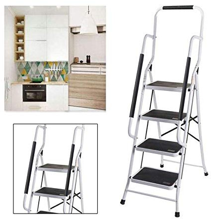 Escabeau 4 marches pliable en acier avec main courante Escabeau antidérapant Transport et rangement faciles pour la cuisine, la maison, le bureau, la peinture Échelle multifonction Charge