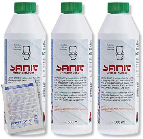DEWEPRO-Set: SANIT UrinsteinLöser 3031-3 Flaschen à 500ml - der Profi Urinsteinlöser - WC-Reiniger - höchste Reinigungskraft - WC Reiniger extra stark, inkl. 1 St. DEWEPRO® Single Scrubs