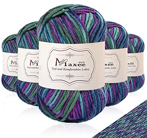 Maxee Handstrickgarn, 5x50 g Häkelgarn, Bunt Farbverlauf Acrylgarn zum Stricken, Weicher Wolle zum Häkeln, Mehrfarbiges Garn zum Stricken Häkeln und Basteln