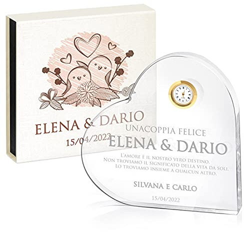 Maverton Cuore di Vetro Personalizzato con Orologio - con Incisione - in Scatola Regalo Personalizzata - Soprammobili Cuore di Cristallo - Idee Regalo Donna Regali per Anniversario - Felici