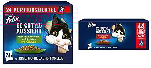FELIX So gut wie es aussieht Katzenfutter nass in Gelee, Sorten-Mix, 4er Pack (4 x 24 Beutel à 85g) & So gut wie es aussieht Katzenfutter nass in Gelee, Sorten-Mix, 44er Pack (44 x 85g)