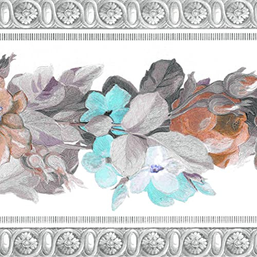 Dundee Deco DDAZBD9397 Peel and Stick Wallpaper Border - Damask Blue Grey Flowers and Leaves Wall Border Retro Design, 15 ft x 7 in (4.57m x 17.78cm), Self Adhesive