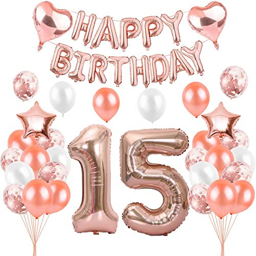 HCRXVV Rosegold 15 Geburtstag mädchen Party Deko Set 15.luftballons geburtstag teenager mädchen Happy Birthday Girlande geburtstagsdeko für 15 jahre Geburtstagsluftballons