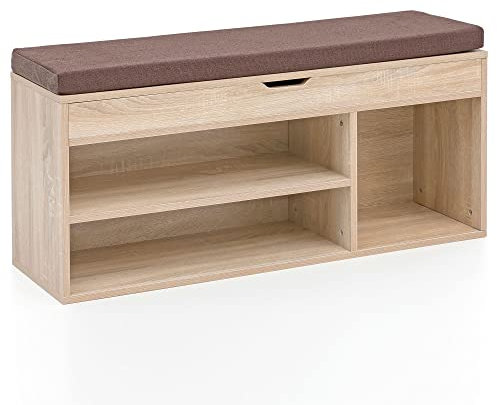 möbelando Schuhbank WL5.344 mit Sitzfläche Garderoben-Bank Holz 104x51x32 cm Sonoma | Holzbank klein gepolstert | Sitzbank schmal Flur mit Stauraum | Truhenbank Schuhtruhe Flurmöbel