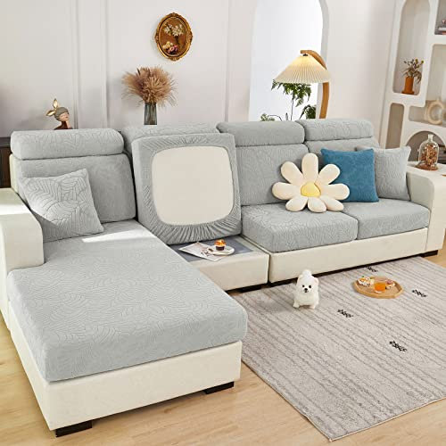 ShowyLive 2023 Neue Sofa Sitzkissenbezug Stretch Sitzkissenschutz für Chaiselongue, Stretch Sitzkissenschutz für Sofabezug Ecksofa L Form (1 Stück, Blätter hellgrau)
