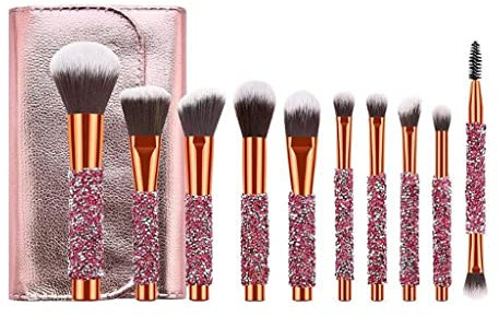 Juego de 10 brochas de maquillaje de diamante, brocha de cristal brillante con bolsa de PU, kit de rubor para base (B)