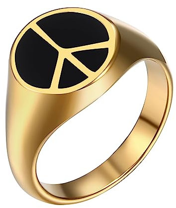 Flongo Siegelring mit Friedenzeichen Edelstahl Siegel Ring Vintage Frieden Ringe Peace 60er 70er Jahren Hippie Accessoire Knöchelringe stapelbar Fingerringe Bandring für Damen Herren Gold
