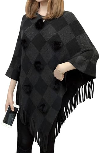 Poncho mit Fransen für Damen Modischer Karierter Schal Warmer Poncho Pullover mit Mehrweg-Ausschnitt und Süßen Bommeln Kaschmirschal und Schal verdickter Warmer weicher Schal,Grau