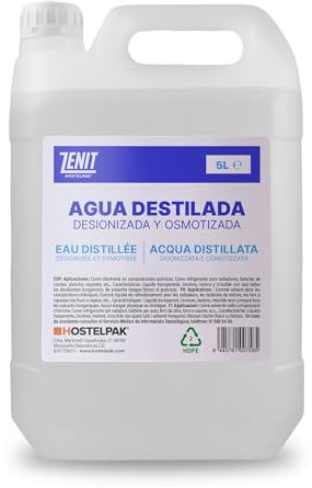 Hostelpak | Agua Destilada 5 litros/Distilled Water 5L – Agua Desmineralizada y Agua Desionizada, Ideal para Plancha, Tattoo, CPAP, Baterías, Laboratorios y para Plantas - Múltiples Usos (5L)