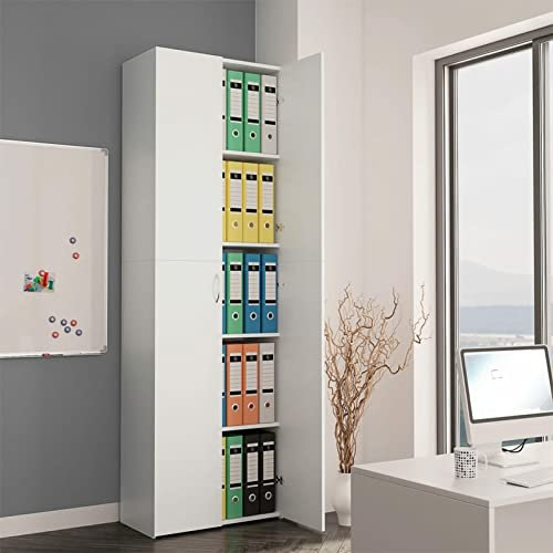 Festnight Armario de Oficina Madera, Armario Archivador Oficina con 2 Puertas y 5 Estantes, Armario de Almacenamiento para Oficina, Salón y Escuela, Librerías de Oficina, Blanco 60x32x190 cm