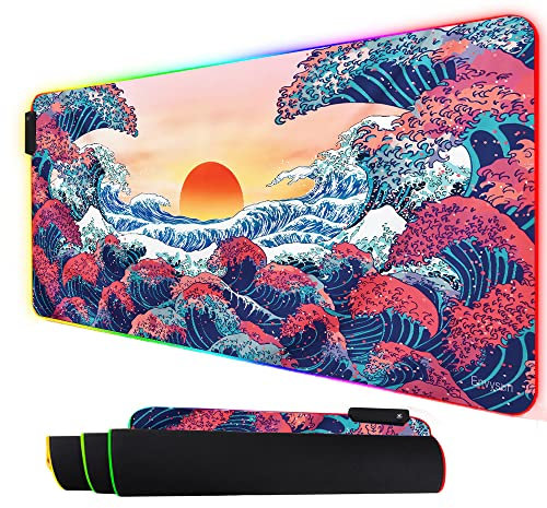 Envysun RGB Gaming Mouse Pad, Large Extended Soft Led Mice Pad with 10 Lighting Modes, Waterproof 31.5 x 11.8 0.12 Thick Rubber Table Mat,Japanese Wave MousePad (80x30 rgbBigWaves)