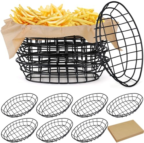 Hushee 12 Pcs Wire Fast Food Baskets Bulk, Bread Chip Basket, Black Oval | 9.5x6.2x2.2 Inch, Metal Burger Fruit Fries Basket for Restaurant Kitchen Table Food Serving, with 50 Deli Paper Liners
