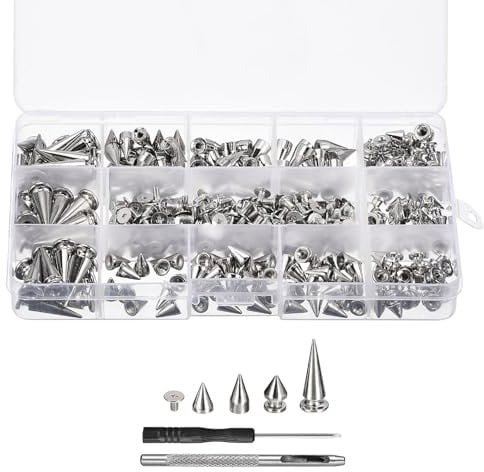 sourcing map 180 Sets Cone Spikes Studs, 4 Sizes Studs and Spike Leather Rivets Kit with Install Tools for Leather Craft Clothing Shoes Belts Bags, Silver