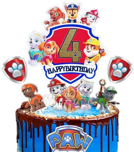 Ctxtqtdt Paw Dog Tortendeko 4. Geburtstag Junge Mädchen, Cake Topper, Kuchen Deko Set, Happy Birthday Topper für Kinder Party Supplies (4)