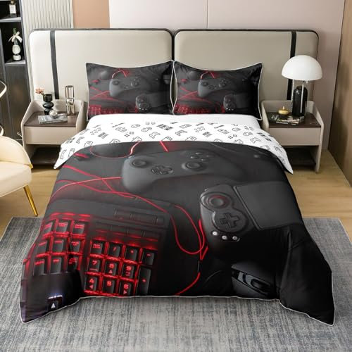 Loussiesd Spiele Bettwäsche Jungen Kinder Schlafzimmer Dekor Gamer Videospiele Bettwäsche Set 135x200cm Baumwolle Modern Spiel Gamepad Betten Set Jugendliche Spielkonsole Reißverschluss Schwarz Rot