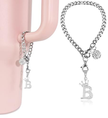 LUHOHI Silver Letter Charms for Stanley Cup- Crown Letter Charms Accessories for Stanley Handle 40Oz Tumblers Water Bottle Cup Initial Keychain with Diamond Glitter Jewelry Personalized Decorations B