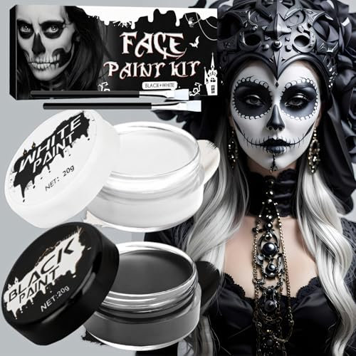 Miioto Maquillaje Halloween Blanco y Negro, Pintura Cara Halloween Maquillaje Makeup, Adecuado para Maquillaje de Teatro, Halloween, Carnaval, Pintura Corporal y Facial en Fiestas 40g