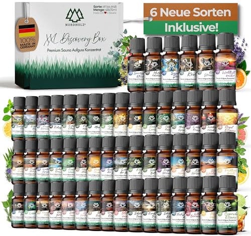 NORDHOLZ® Saunaaufguss Discovery Box 24x15ml [ #1-#48 NATURREINE ÄTHERISCHE ÖLE] Sauna Aufgussmittel - Sauna Aufguss aus Franken - Sauna Zubehör