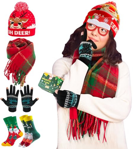 12 Stück Mütze Schal Set, Schal und handschuhe Set, 2 Paar Weihnachtssocken 37-44 und Handschuhe, Weihnachtsbrille, Weihnachtsmütze, Weihnachtsschal, 5 Stück Weihnachtskarten Weihnachten fur Winterset