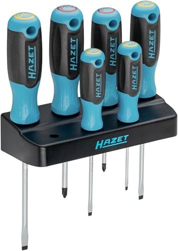 HAZET 811SH-1/7 Screwdriver Set with Holder, 7 Pieces, Phillips PH and Slotted Profile, Includes Holder with Keyhole Hole for Wall Mounting
