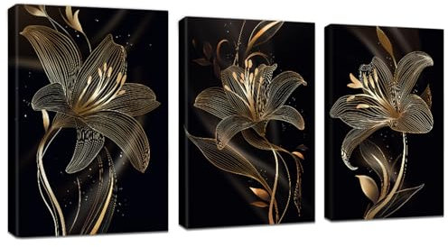 WENGTIAO 3Pcs Schwarz Gold Lilien Blumen Leinwand Bilder Kunstdrucke Gerahmtes Bild Aesthetic Goldene Geblümt Malerei Wandbilder auf Leinwand Wohnzimmer Schlafzimmer Wanddeko 30x40 cmx3