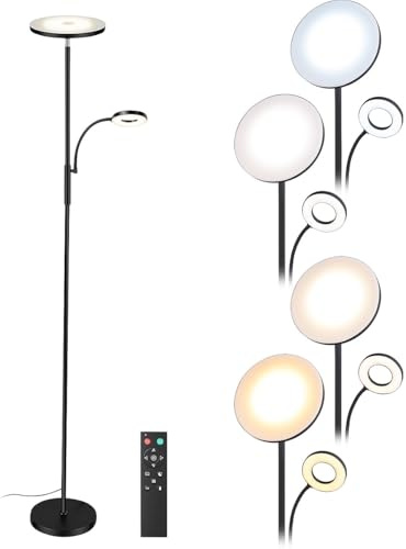 Lunartec Deckenfluter: LED-Stehlampe mit Leselampe, Fernbedienung, 2.800 lm, dimmbar, schwarz (LED Stehlampe modern, Wohnzimmer dimmbar, Dimmer)