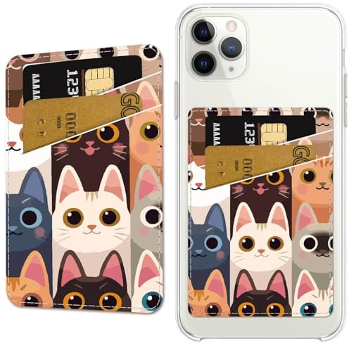CREATCABIN Katzen Telefonkartenhalter Leder Handy Geldbörse Aufkleben Selbstklebender Kreditkartenhalter Schmaler Doppeltaschen Aufkleber Für Rückseite Telefonhülle Kompatibel Telefonen 9.5x6.5cm