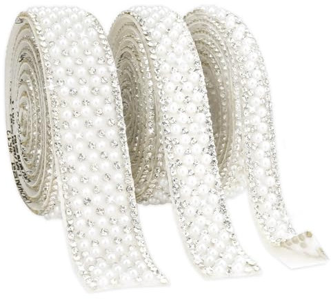 Luktastic Rhinestone Ribbon, Pearl White, 3 Rolls, 1 Yard Each, 3 Sizes: 1cm, 1.5cm, 2cm, Self-Adhesive, Elegant Pearl Pattern, Wedding Occasion