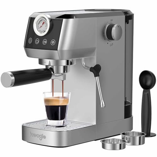 iceagle Machine à café Expresso avec 20 Bar Pompe Italienne - Prime Cafetiere avec Mousseur à Lait Professionnel | Machine à Cappuccino et Latte, 1350W, Écran Tactile avec Manomètre, 1.3L