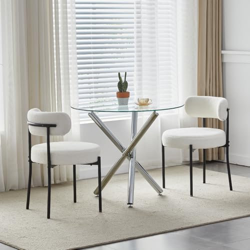 Modernes 3-teiliges Esstisch: runder Glastisch mit grauen Samtstühlen für kleine Räume, ideal für 2 Personen, inklusive 2 beigefarbenen Stühlen für Küche oder Restaurant