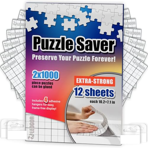 Puzzle Saver Sheets – 12 Extra Strong 10.2 x 7.1 Peel & Stick Puzzle Glue Sheets + 4 Hangers – Preserve Two 1000-Piece Jigsaw Puzzles – Clear Adhesive Backing Kit by LEOGOR