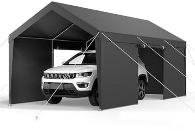 VEVOR Tente Garage, 3,65 x 6,09 m, Carport Abri de Voiture Extérieur avec Parois Latérales Amovibles et Portes, Résistant aux UV et à l'eau, Protection Toutes Saisons pour Automobile et Bateau, Gris