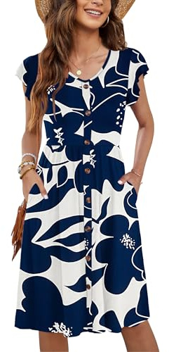 MOLERANI Women Summer Dresses V Neck Ruffle Sleeve Casual Swing Elastic Waist Midi Dress with Pockets White Navy Flower S
